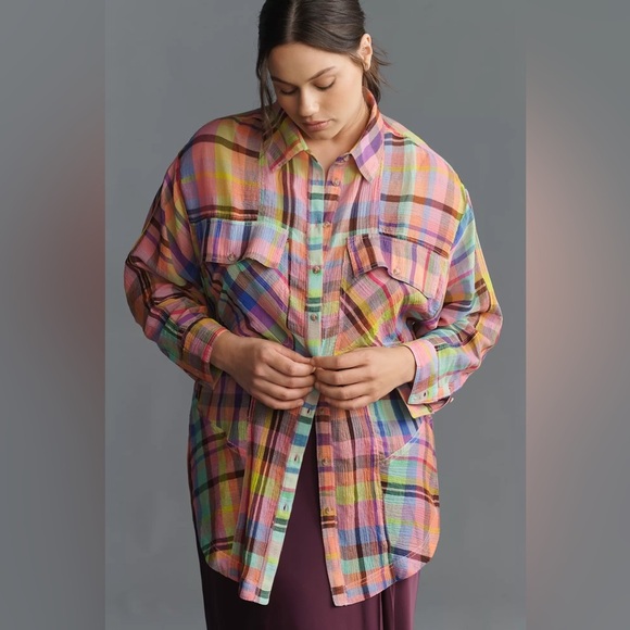 NWT Pilcro 3X Plus Long-Sleeve Mixed Madras Plaid Oversized Buttondown Shirt - Picture 2 of 11